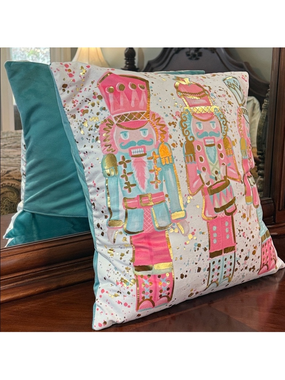 Rachel Brooks Design Gold Foil Nutcracker Pink & Teal 18”x18” Christmas Pillow